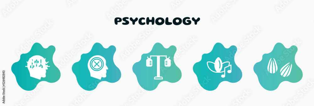 psychology filled icons set. flat icons such as negativity, iv pole, music therapy, almond, manipulation icon collection. can be used web and mobile.