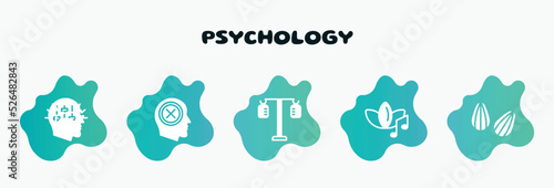 psychology filled icons set. flat icons such as negativity, iv pole, music therapy, almond, manipulation icon collection. can be used web and mobile.