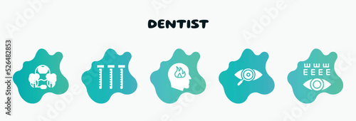 dentist filled icons set. flat icons such as sample tube, emotions, eye exam, eye test, denture icon collection. can be used web and mobile.