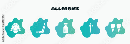allergies filled icons set. flat icons such as inhalator, homeopathy, anesthesia, incisor, mollusc icon collection. can be used web and mobile.