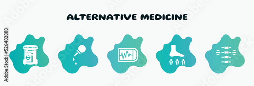 alternative medicine filled icons set. flat icons such as pear enema, ekg monitor, mineral therapy, chiropractic, jumping rope icon collection. can be used web and mobile.