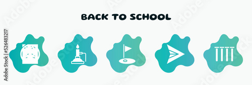 back to school filled icons set. flat icons such as bunsen burner, golf field, paper airplane, tubes, scores icon collection. can be used web and mobile.
