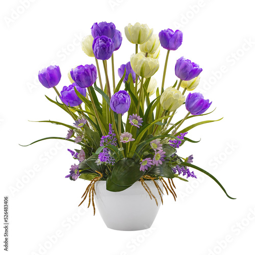 Cutout of an isolated bouquet of artificial flowers in a pot for home decoration  with the transparent png background	