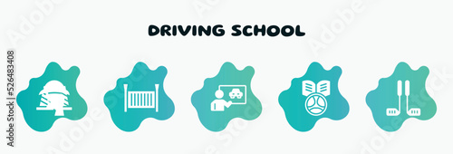 driving school filled icons set. flat icons such as crib, driving lessons, driving school, golf equipment, bollards icon collection. can be used web and mobile.
