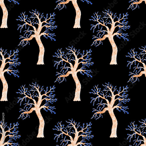 Watercolor seamless pattern with blooming spring trees. Hand drawn abstract l...