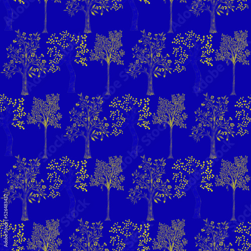 Watercolor seamless pattern with blooming spring trees. Hand drawn abstract l...