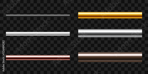 Set of metal pipes. Pipe profiles in steel, cast iron, aluminum, copper, brass or gold. Realistic vector illustration isolated on transparent background