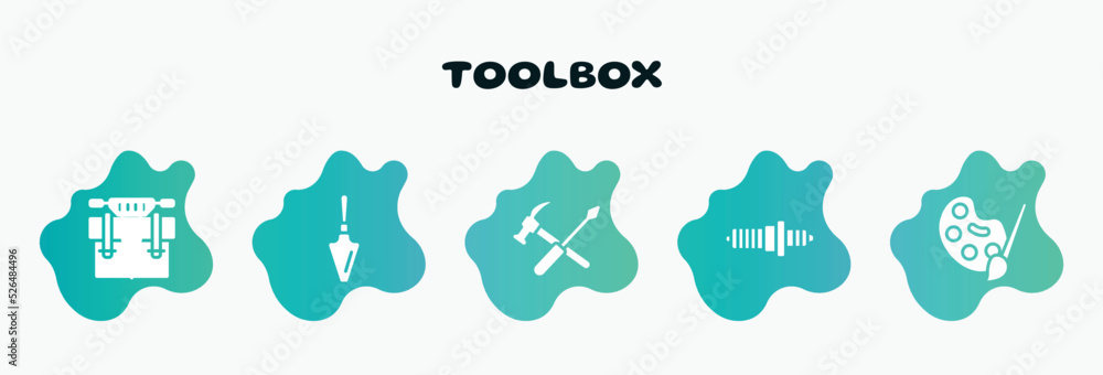 toolbox filled icons set. flat icons such as garden palette, repair tools cross, spark plug, pallete, businessman portfolio icon collection. can be used web and mobile. toolbox filled icons set. flat icons such as garden palette, repair tools cross, spark plug, pallete, businessman portfolio icon collection. can be used web and mobile.