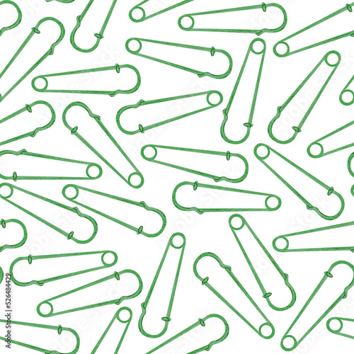 Green safety pin watercolor seamless pattern. Template for decorating designs and illustrations.