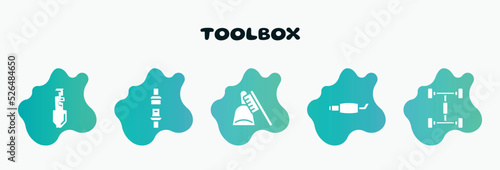 toolbox filled icons set. flat icons such as seat belt, dustpan and brush, exhaust pipe, chassis, gardening palette icon collection. can be used web and mobile.