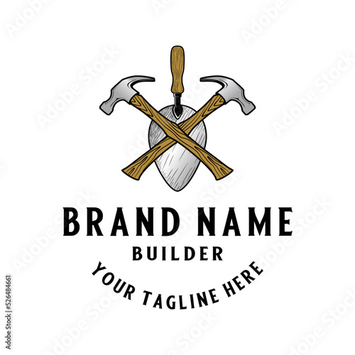 hammer and trowel vector logo design. trowel concept standing between passing hammers, for building companies