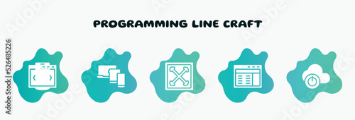 programming line craft filled icons set. flat icons such as three devices connected, full width, web interface, descendant, css code icon collection. can be used web and mobile.