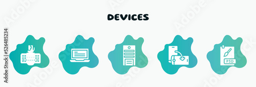 devices filled icons set. flat icons such as laptop with text, system unit, rotate screen, psd file, intosh keyboard icon collection. can be used web and mobile.