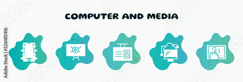 computer and media filled icons set. flat icons such as computer virus, id badge, data transference by internet, cellphone in a hand, wax seal with ribbon icon collection. can be used web and
