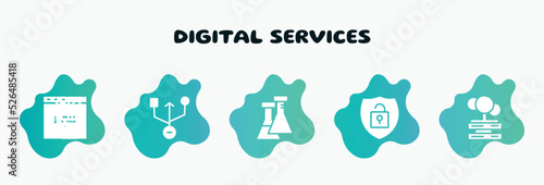 digital services filled icons set. flat icons such as universal serial usb connector, flasks, theft, cloud servers, video production icon collection. can be used web and mobile.