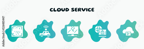 cloud service filled icons set. flat icons such as self driving, broken laptop, remote access, storage media, cloud processing icon collection. can be used web and mobile.