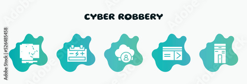 cyber robbery filled icons set. flat icons such as accumulator, cloud user, keycard, computer case, hacking icon collection. can be used web and mobile.