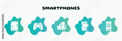 smartphones filled icons set. flat icons such as ps4 gamepad, phone with hand, phone with heart, wireless, phone with clean screen icon collection. can be used web and mobile.