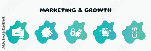 marketing & growth filled icons set. flat icons such as shout, locking, air purifier, attraction, strenght icon collection. can be used web and mobile.