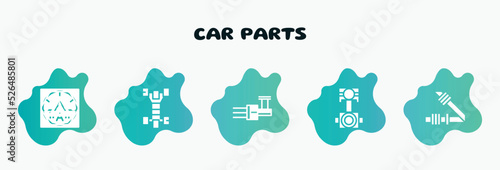 car parts filled icons set. flat icons such as car chassis, car distributor, connecting rod, seat belt or safety belt, ammeter icon collection. can be used web and mobile.