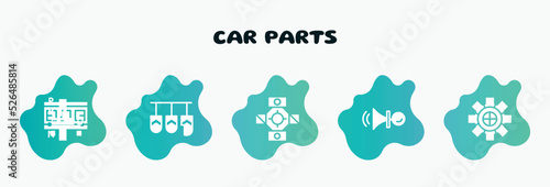 car parts filled icons set. flat icons such as car pedal, car universal joint, horn, sprocket, cylinder head icon collection. can be used web and mobile.