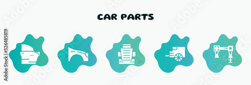car parts filled icons set. flat icons such as car fender (us, canadian), car bucket seat, tailpipe, torsion bar, trim icon collection. can be used web and mobile.