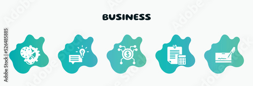 business filled icons set. flat icons such as suggestion, spreading, estimate, cryptographic, time management icon collection. can be used web and mobile.