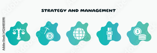 strategy and management filled icons set. flat icons such as bitcoin mining, network, point of service, money, wrenches icon collection. can be used web and mobile.