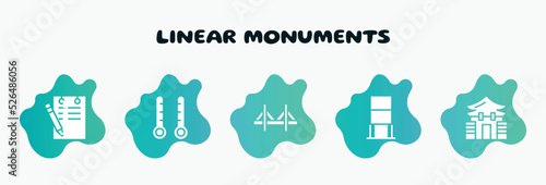 linear monuments filled icons set. flat icons such as thermometers, zakim bridge, daily specials board, memorial hall, walled obelisk icon collection. can be used web and mobile.