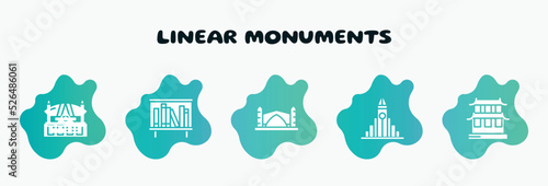 linear monuments filled icons set. flat icons such as bookshelves, stari most, , hall of supreme harmony, chartres cathedral icon collection. can be used web and mobile.