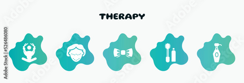 therapy filled icons set. flat icons such as botox, wedding bow tie, flanges mascara, lotion bottle, meditation icon collection. can be used web and mobile.