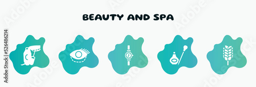 beauty and spa filled icons set. flat icons such as blepharoplasty, wrist watch, eye, birch whisk, mascara icon collection. can be used web and mobile.
