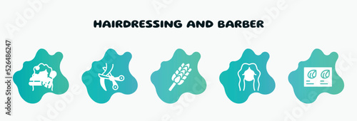 hairdressing and barber filled icons set. flat icons such as scissors cutting hair, whisk, woman hair cut, hair color sample, shaving foam icon collection. can be used web and mobile.