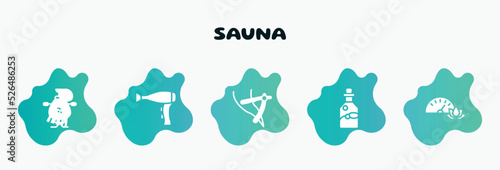 sauna filled icons set. flat icons such as hairdryer side view, razor to cut hairs, essential oil, pressure, samovar icon collection. can be used web and mobile.