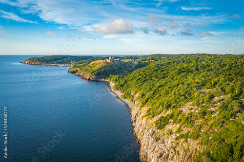 aerial view of the coast of west bornholm with castle hammerhus