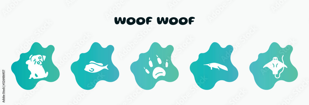 woof woof filled icons set. flat icons such as tropical fish, animal paw print, sitting anteater, stingray with long tail, chewing bone for dog icon collection. can be used web and mobile.