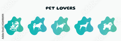 pet lovers filled icons set. flat icons such as malamute, jack russel terrier, doberman, bichon frise, grooming pet icon collection. can be used web and mobile.