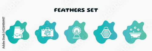 feathers set filled icons set. flat icons such as pet first aid, hamster wheel, cat box, pets bath, feathers icon collection. can be used web and mobile.