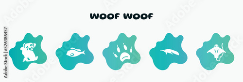 woof woof filled icons set. flat icons such as tropical fish, animal paw print, sitting anteater, stingray with long tail, chewing bone for dog icon collection. can be used web and mobile.