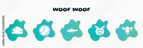 woof woof filled icons set. flat icons such as tennis ball, big salmon, dog face, cow head, angry dog icon collection. can be used web and mobile.