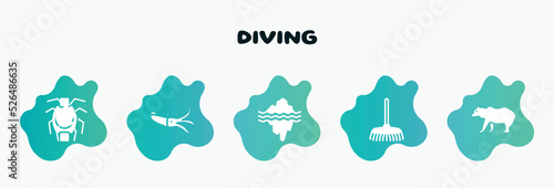 diving filled icons set. flat icons such as squid, glacier, rake, grizzly bear, wristwatch icon collection. can be used web and mobile.