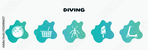 diving filled icons set. flat icons such as food basket, water scorpion, , scooter, coconut drink icon collection. can be used web and mobile.