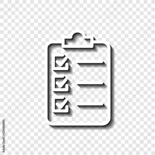 Clipboard and checklist simple icon vector. Flat design. White with shadow on transparent grid.ai