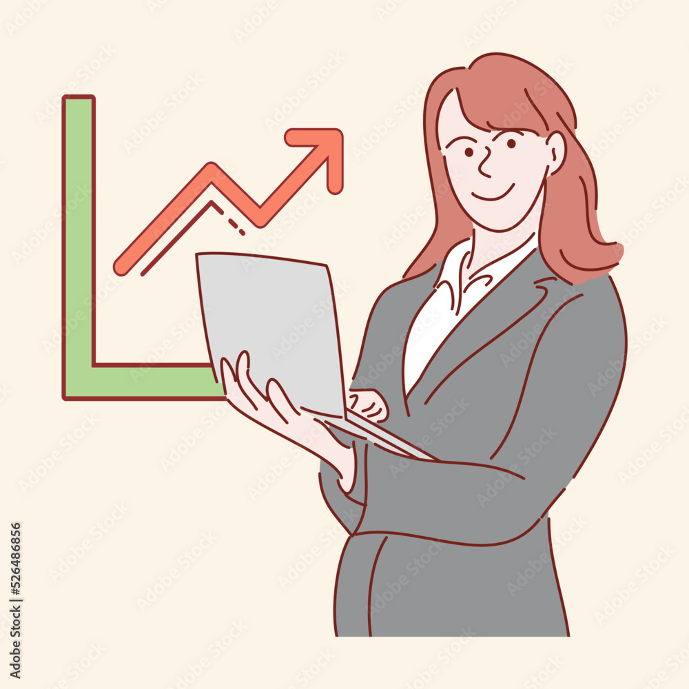 Happy smiling business woman clerk standing at work. Hand drawn style vector illustrations. Happy smiling business woman clerk standing at work. Hand drawn style vector illustrations.