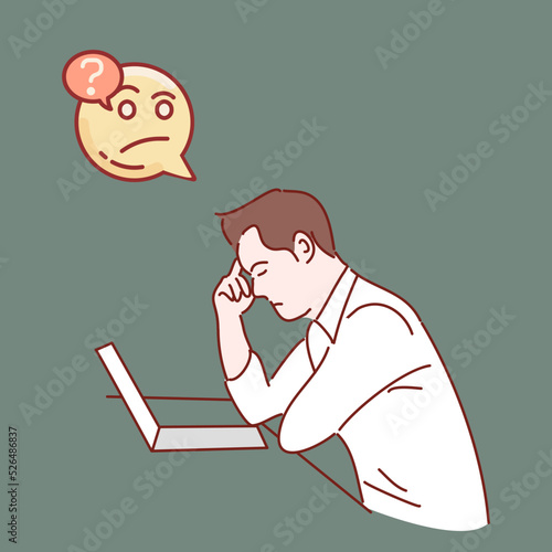 Young man  thinking, feeling doubtful and confused. Hand drawn style vector illustrations.