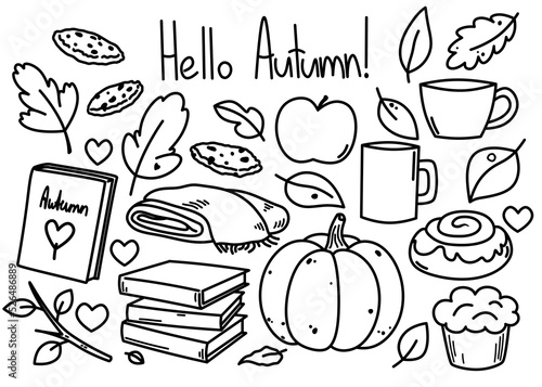 A collection of aesthetic fall objects in a simple cartoon style. Black outline isolated on white background. 