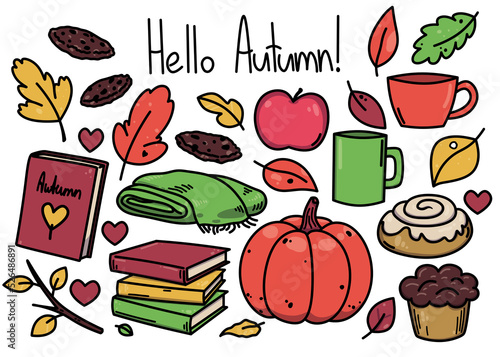 A collection of bright aesthetic fall objects in a cartoon style isolated on a white background. 