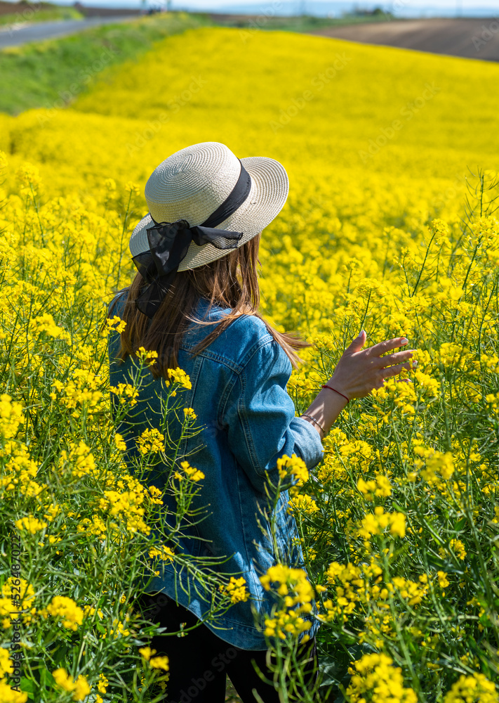 Beautiful girl with dress and hat in the Canola Fields. Blooming canola fields under a blue sky with clouds. Beautiful yellow flowers. Happy girl in nature. Beautiful girl with dress and hat in the Canola Fields. Blooming canola fields under a blue sky with clouds. Beautiful yellow flowers. Happy girl in nature.