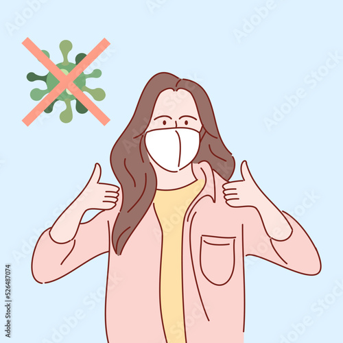 yong woman with white medical face mask. Hand drawn style vector illustrations.
