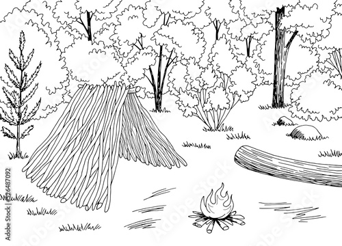 Branch hut graphic black white landscape sketch illustration vector